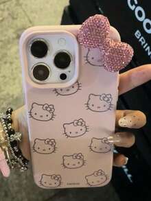 SANRIO 蝴蝶结卡通皮革纹理可爱蝴蝶结KT猫咪手机壳，兼容苹果11-17 Pro Max - 粉色 - 查看 1