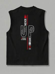 Camiseta de tirantes con estampado de lema motivacional de fitness, camiseta de cuello redondo para hombre de gimnasio y entrenamiento, estilo deportivo americano - Negro - Ver 4