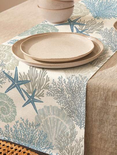 1pc Ocean Style Starfish & Coral Print Table Runner, 4pcs Starfish & Coral Print Placemats, Suitable For Holidays, Parties, Birthdays, Dinners, Kitchen & Dining Room Decor, All Seasons Home Textile Decoration