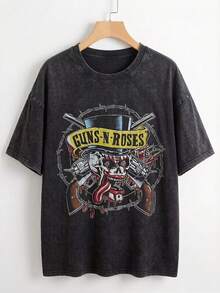 EWH Fashionable Eye-Catching Style, Guns N' Roses, Retro Short-Sleeved Shirt, Guns N' Roses Band, For Men, Skull Print004 - 黑色9 - 查看 1
