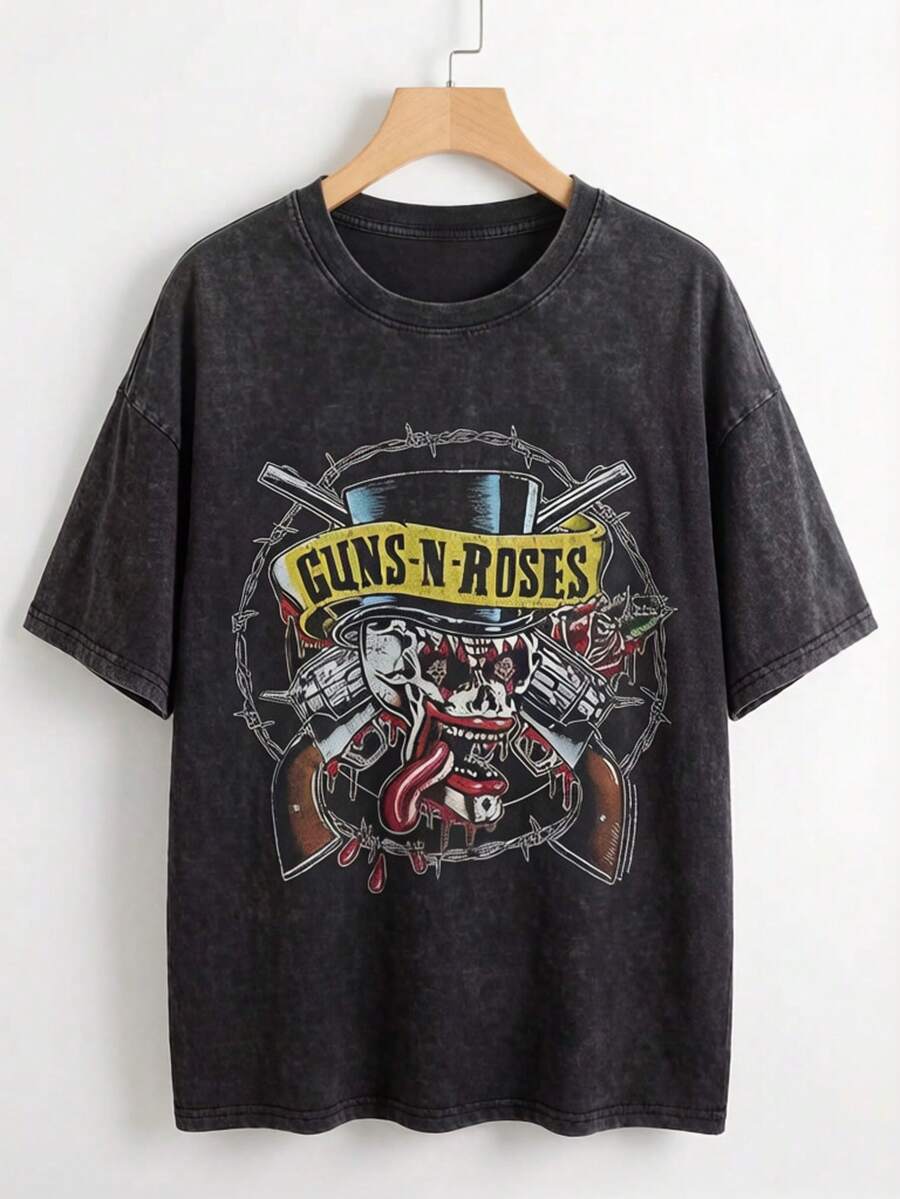 EWH Fashionable Eye-Catching Style, Guns N' Roses, Retro Short-Sleeved Shirt, Guns N' Roses Band, For Men, Skull Print004 - 黑色9 - 查看 1