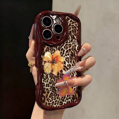 豹纹花卉图案印花平纹奶油色波浪边简约防震加厚手机保护壳，适用于 17/17 Pro/17 Pro Max、16 XR/7/8、15 Pro Max、12 Pro Max、13 Pro Max、14 Pro Max、13、14、11、12、P14、P11、P12、XS、XR、7/8、P、7/8 GES2