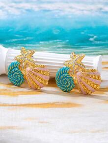 1 Pair Metal Enamel Starfish & Shell Pendant With Rhinestones, Suitable For Women's Beach Vacation, Party And Daily Wear - Blue - View 2