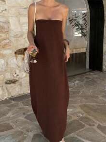 Vestido de playa y fiesta elegante de verano sin tirantes de unicolor y manga larga ajustado para mujeres de vacaciones - PoPoHouse - Marrón - Ver 4