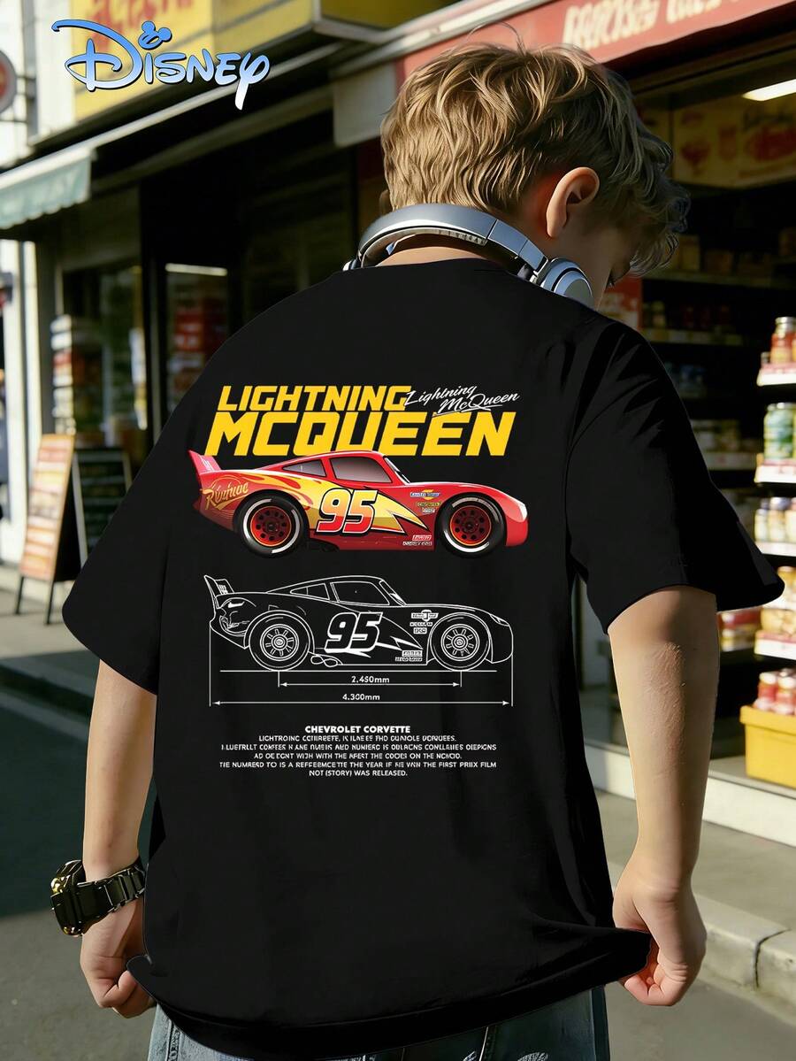 Disney Cartoon Car 95 Racing Printed Boys' T-Shirt, Casual Summer Style, Suitable For Children's Playgrounds, Round Neck, Short Sleeved, Worn All Year Round, Suitable For School, Shopping, Parties, Etc. New Easter Outfit, A T-Shirt That Can Be Worn By Both Boys And Girls, Cool Style T-Shirt Top - 黑色 - 查看 1