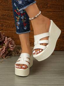 Thick Sole Slippers For Women, Casual Outdoor Wear, Comfortable Non-Slip Wedge Strap Sandals, Summer - White - View 3