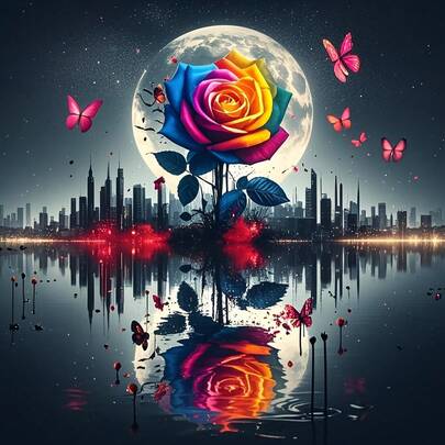 Large DIY Diamond Painting Suitable For: Romantic Rose & Butterfly City Landscape - Large Round Acrylic Wall Decor, Colorful Diamond Art, DIY Handcraft Project, Ideal Christmas Gift, Suitable For All Ages (Floral Pattern)