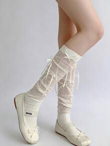 1 đôi tất dài quá đầu gối kiểu dáng tối giản, mỏng nhẹ, có nơ thắt, phù hợp với trang phục thường ngày theo phong cách Lolita và JK. - Nhiều màu - Xem 3