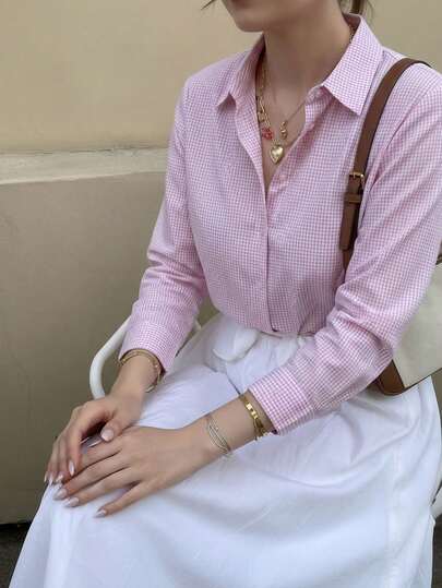 1 pieza Camisa de manga larga a cuadros elegante de primavera/verano para mujer, prenda de moda casual de negocios para todas las estaciones, adecuada para reuniones de negocios, camiseta interior de traje, salir con amigos, salidas casuales. Camisa de manga larga con botones a cuadros, artículo individual, cuadros de dos colores, para oficina, diario, viaje, uso en el aeropuerto, primavera/verano rosa