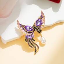 1pc Luxury Enamel Hummingbird Pearl Rhinestone Brooch, Gold-Plated Purple Cubic Zirconia Hummingbird Lapel Pin, Elegant Natural Style Accessory, Exquisite Gift For Her - Hummingbird - View 2