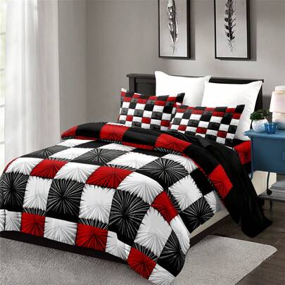 Bộ 3 món ga trải giường kẻ caro đỏ đen trắng (1 ga trải giường + 2 vỏ gối, không kèm ruột chăn), bộ đồ giường kẻ sọc hình học, tạo cảm giác dễ chịu cho thị giác, phù hợp cho mọi mùa, có khóa kéo, thích hợp trang trí phòng khách sạn, phòng ngủ, phòng khách và ký túc xá, dễ giặt ủi, sang trọng, nhẹ, thoáng khí và dễ bảo quản, thời trang hiện đại đơn giản.