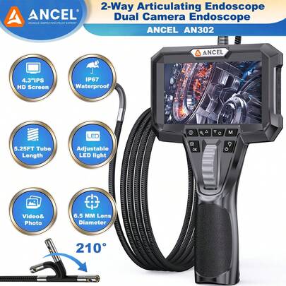  ANCEL AN302 Dual Camera Endoscope, 210° Articulating Borescope With 7 LED Lights, 4.3'' HD Screen Inspection Camera For Car Engine, Pipe & Home Repair, Waterproof Endoscope, Professional Tool Gift For Men