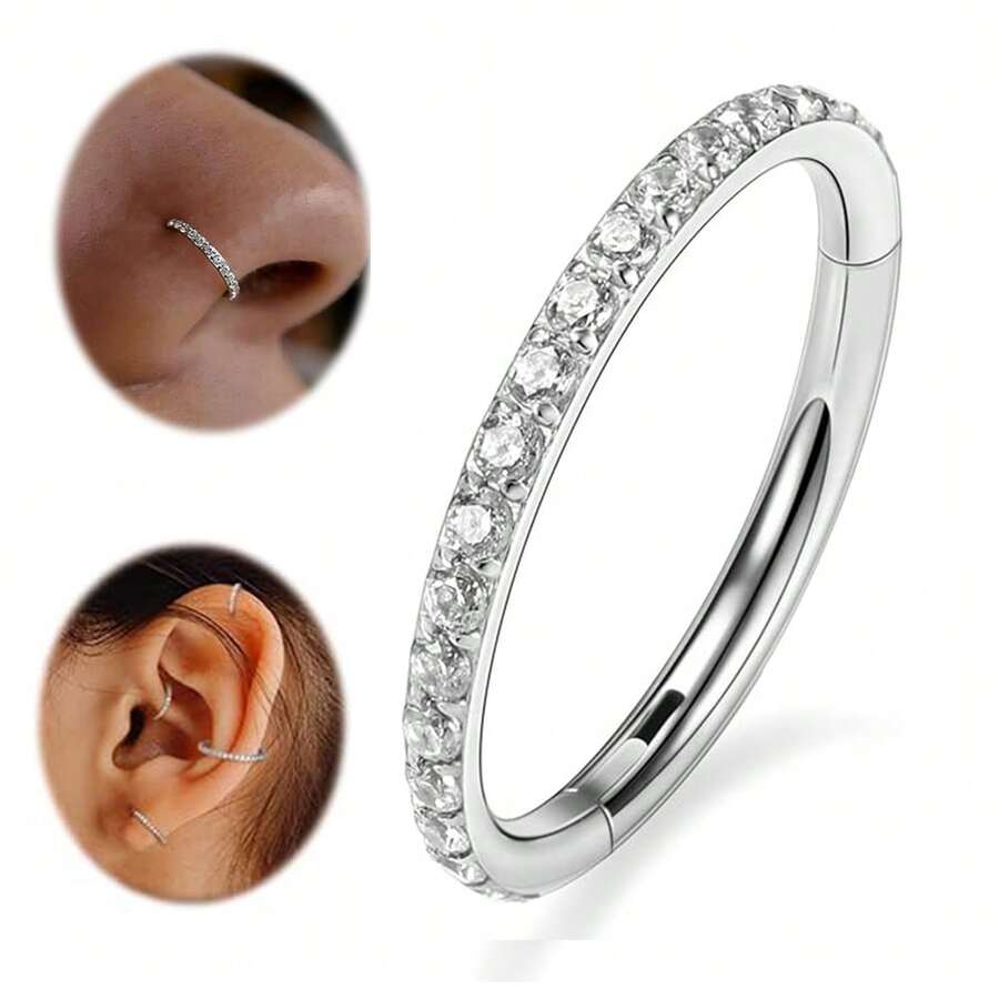 1 chiếc khuyên mũi G23 bằng titan đính đá Cubic Zirconia cỡ 16G/18G, khuyên xỏ vách ngăn mũi, khuyên tai xoắn ốc, khuyên xỏ sụn tai, khuyên xỏ vành tai, trang sức nữ - Bạc - Xem 1