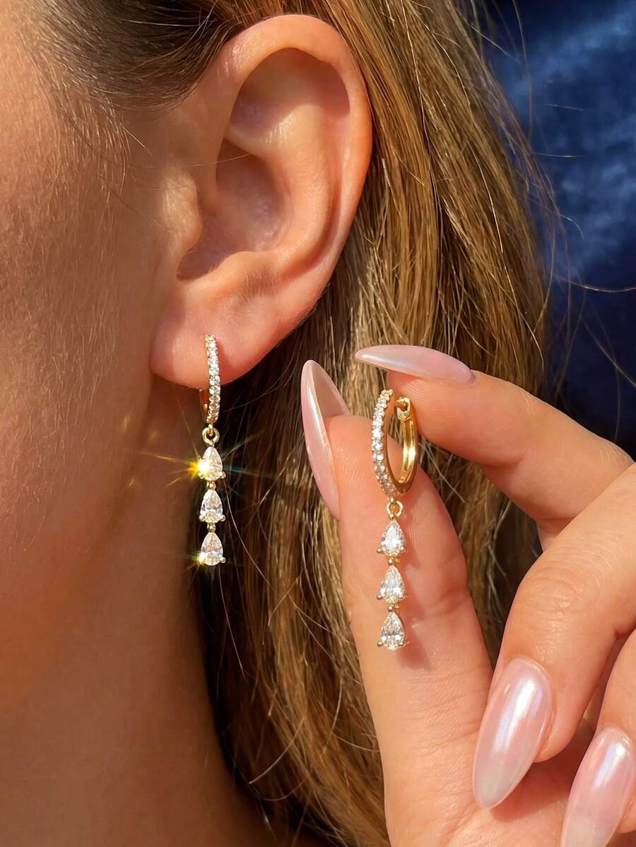 1 Đôi bông tai bạc sterling 925 hình giọt nước đính đá Cubic Zirconia tinh xảo, trang sức nữ, quà tặng kỷ niệm, trang sức cao cấp - phong cách 1 - Xem 1