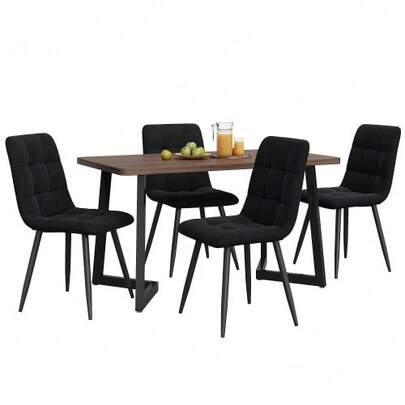 Dining Set (5 Pieces), Dining Table With 4 Chairs, Modern Kitchen Table Set, Kitchen Table With Wood Grain And Black Metal Legs, Walnut-Colored MDF Tabletop, Black Velvet Dining Chairs