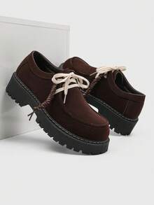 Men's Thick Sole Derby Shoes, Retro British Style Casual Shoes, Versatile Plus Size, European And American Ins Style, Men's Low-Top Derby Dress Shoes, Low-Top Boots, Men's Vintage Work Shoes Thick Soles, Business Casual, College Style Men's Slip-On Loafers, Faux Suede Material Black Shoes, Size 39-46 - Brown - View 3