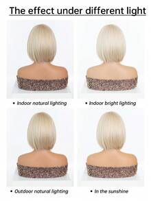 10英寸金根深色发根假发，金色短直波波头假发，耐热合成刘海假发（女士款），黑白中分短直发假发，美丽日常女士合成假发 - 金色 - 查看 10