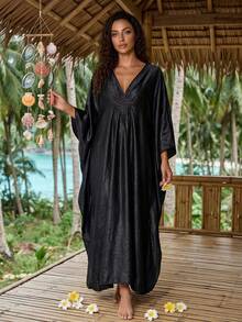 Women's Solid Color Kaftan Maxi Dress, V Neck Batwing Sleeve, Crochet Boho Beach Cover Up, Loose Fall Vacation Party Wedding Holiday Plus Size - Black - View 5