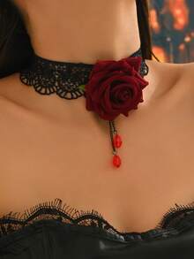 1pc Vintage Elegant Hollow Out Lace Flower Pendant With Beaded Chain Collar Necklace For Women Gothic Jewelry Daily Wear Prom Accessories - Multicolor - View 1