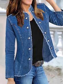 Women's Casual Denim Jacket, Long Sleeve Basic Frayed Hem Button Down Denim Jean Jacket Denim Coat With Double-Button Closure, Slim Fit Casual Outerwear For Daily Wear, Vacation, Travel, Weekend Outings, Spring, Autumn Stylish Outfits - 藍色 - 查看 8