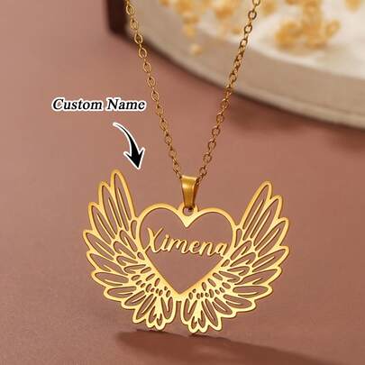 1 chiếc mặt dây chuyền hình cánh thiên thần bằng thép không gỉ thời trang dành cho nữ - Khắc tên và chữ theo yêu cầu, trang sức thép không gỉ tinh tế dành tặng cha mẹ, người yêu, bạn bè, phù hợp để đeo hàng ngày, trang sức khắc tên, quà tặng Ngày của Mẹ, quà tặng Lễ Phục Sinh.