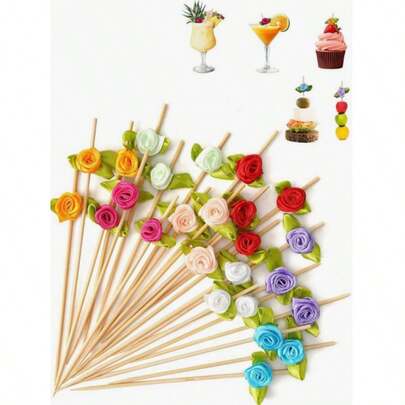 10/25/50/100/200pcs Rose Flower Fruit Picks, Flower Bamboo Toothpicks, Cocktail Sticks, 12cm Bamboo Skewers, Suitable For Sandwiches, Birthday Parties, BBQ, Food And Beverage Decoration, Appetizers, Desserts And Snacks