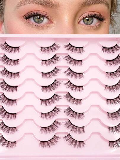 ENCHUW 16 Pairs Half Lashes Natural Look Manga Lashes False Eyelashes Wispy Curling Faux Mink Lashes Fake Eyelashes Suitable For Parties