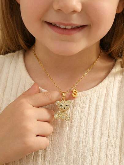 1pc Fashionable Copper Alloy Zirconia Bear & Letter Pendant Necklace, Party Decoration Accessory