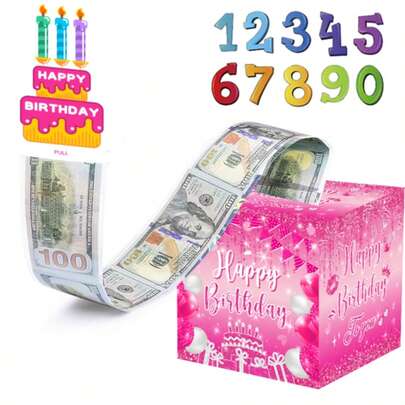 Caja sorpresa con tema de cumpleaños, caja portadora de dinero con tarjeta de feliz cumpleaños desplegable y 50 bolsas transparentes, perfecta para fiestas, celebraciones y regalos (rosa) - Caja de fiesta