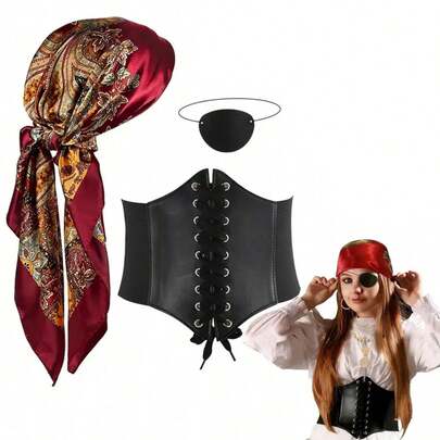 Bộ phụ kiện trang phục cướp biển 3 món dành cho nữ - Khăn trùm đầu, mặt nạ mắt, áo corset thời trung cổ, thích hợp cho Halloween, cosplay, tiệc theo chủ đề cướp biển và lễ hội thời Phục Hưng.