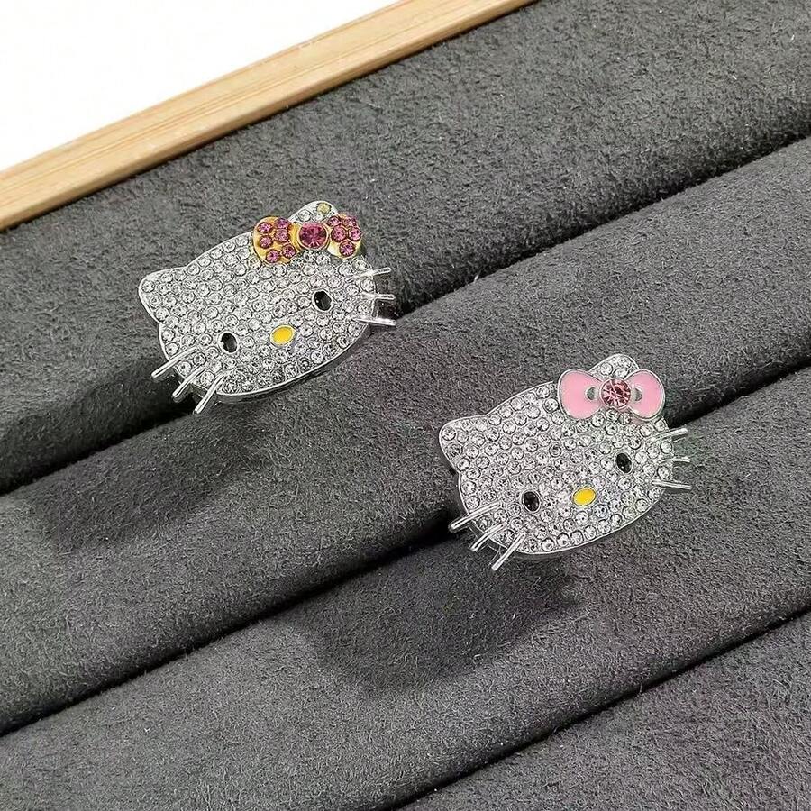 SANRIO 1枚卡通Hello Kitty戒指，镶嵌锆石，可爱猫咪可调节开口戒指，时尚优雅