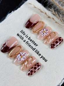 10片装高端柔美简约风格手工绘制立体图案美甲贴纸，闪亮金色边缘，是春季郊游的理想之选，例如赏花、公园野餐、露营野餐等。 - 摩卡棕 - 查看 4