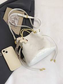 时尚链条肩带绗缝水桶包，小众设计，百搭女士单肩包 - 白色 - 查看 8