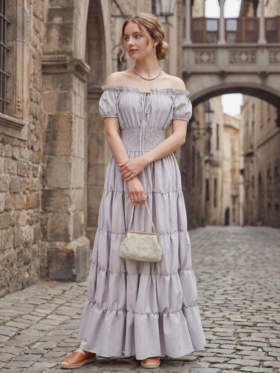 Vacation Outfits Summer Outfits For Women, Renaissance Style Evening Gowns, Elegant Long Dresses, Fitted Scoop-Neck Blouses, Short-Sleeved Ruffled Designs, Perfect Attire For Valentine's Day, Halloween And Christmas Party Events - 灰色 - 查看 1