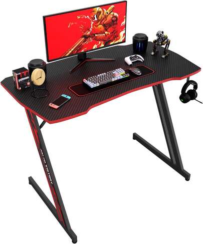 39" Z-Shaped Gaming Desk, Ergonomic PC Workstation With Headphone Hook, Black & Blue For Game Players