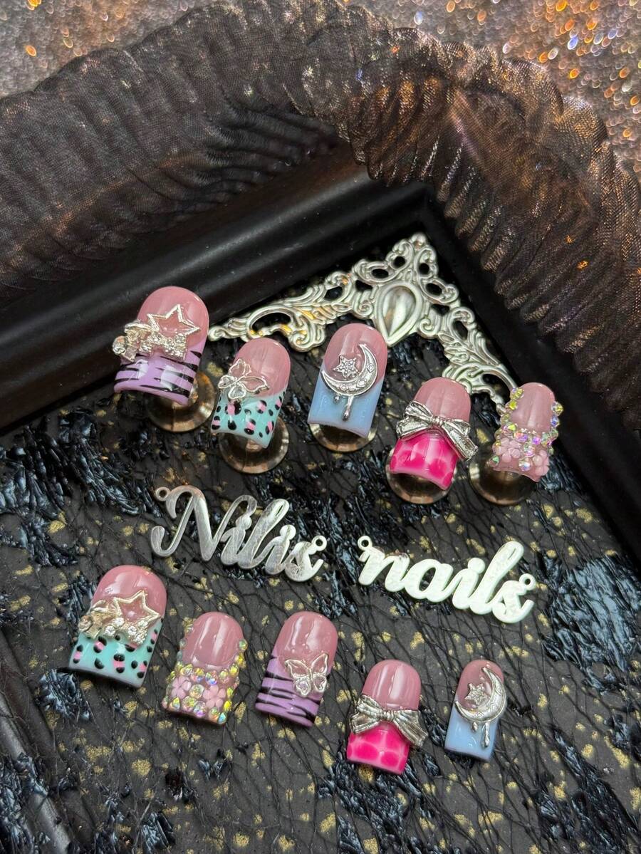10pcs Handmade Fully Covered Short Square Type Acrylic Kit, French Nails In Various Colors Such As Pink, Purple, Mint Green, And Sky Blue, Hand-Painted Black Zebra Stripes, Pink And Black Leopard Spots, And Rose Red Polka Dots, 3D Silver Metal Hollowed Out Stars, Silver Hollowed Out Butterflies, Moons, Bows