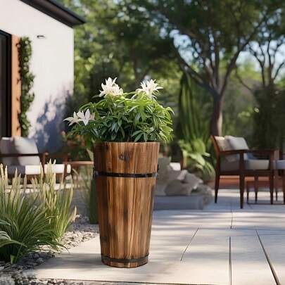 1pc Outdoor Large Rustic Wooden Conical Planter, Suitable For Balcony, Porch Or Home Office, Big Size Greenery & Flower Pot, Brown