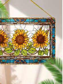 2D Flat Acrylic Sunflower Stained Glass Window Hanging - Rectangular Vintage Frame Suncatcher Decor For Home, Kitchen & Flower Lover Gift - Multicolor - View 4