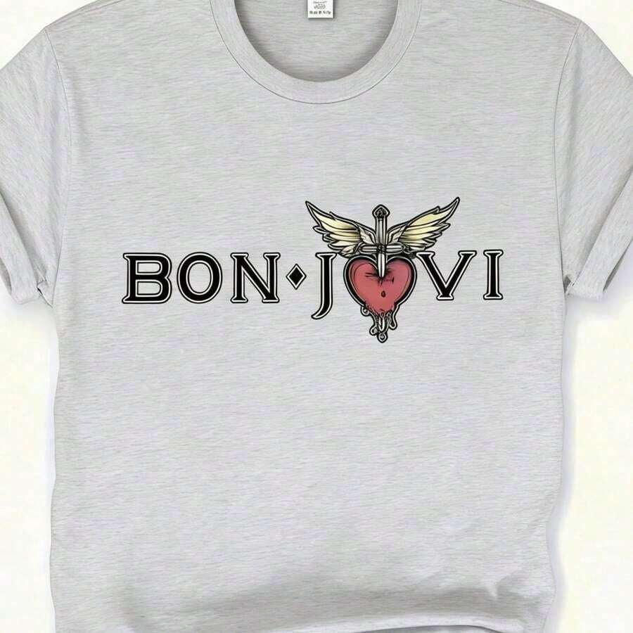 100% Cotton, Soft Breathable, Comfort Fit Graphic Tees2026 SUMMER TopPlus Size Women's Soft Bon Jovi Alphabet Print T-Shirt - With Golden Wings & Heart Design, Casual Short Sleeve Crew Neck Tee, All-Season Comfort, Machine Washable, Ladies T Shirts, Daily Comfort Clothing, Band Graphic Shirt, Relaxed Fit Shirt Women Size L-3XL 4XL 5XLLoose And Comfortableshirt100% Cotton Graphic Tees Women, Mama Needs Wine Graphic T-Shirt, Funny, Relaxed, Mothers Day Gift, Party, Free Shipping - 淺灰色 - 查看 1