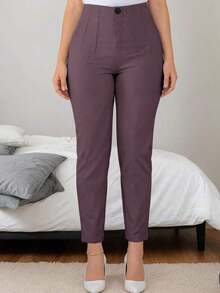 Women's Solid Color Slim Fit Casual Commuter Pants, Medium Stretch Polyester Fabric Pink Spring - 紫色 - 查看 4