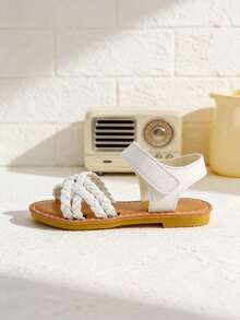 3-12 Years Old Girls' Adjustable Woven Criss-Cross Flat Sandals, White With Contrast Brown Woven Footbed, Handmade Style With Hook And Loop Closure - White - View 3