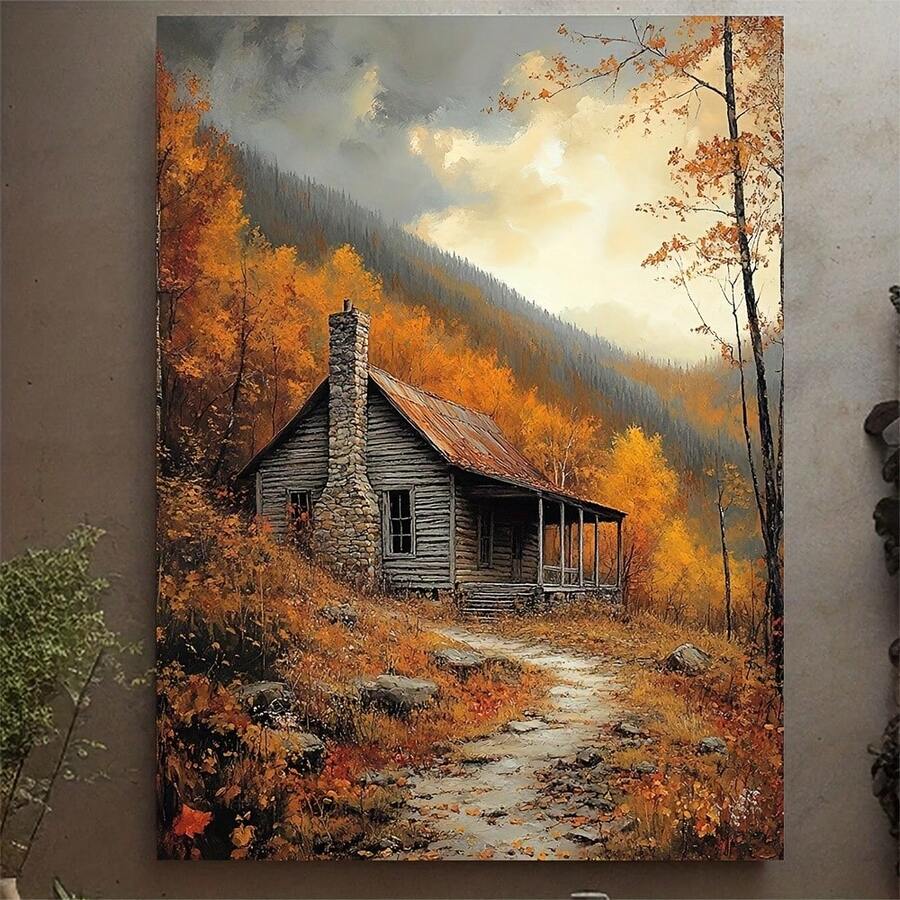 1 pieza, con marco, 30.48x40.64cm [2D Plano] Impresión en lienzo de granja abandonada, arte de paisaje rústico, pintura de montaña humeante, decoración de otoño para pared de sala de estar amplia, arte de pared, 2D Plano - Sin marco - Ver 1