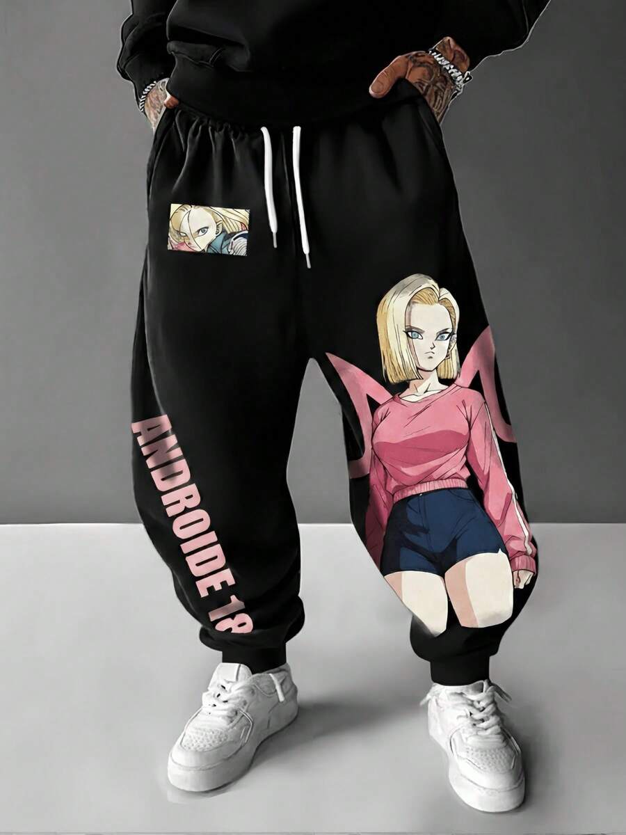 Android-18 Graphic Print Pants With Pocket,The Best Gift,Comfortable To Wear,Pantalones De Hombre,Unisex Anime Pants,Baggy Sweatpants,Baggy Sweats,Pans Hombre,Ropa De Hombre,Men's Sweatpants,Men's Trousers,Sports Bottoms - 黑色 - 查看 1