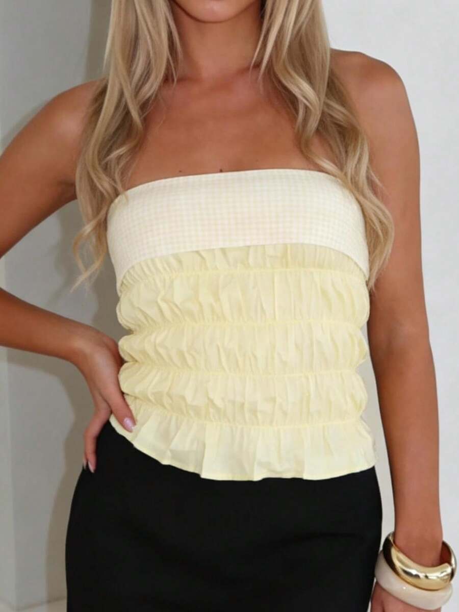 Chaleco sin tirantes para mujer, elegante, con diseño de patchwork, sin mangas y fruncido, ideal para fiestas y citas nocturnas. - Amarillo - Ver 1