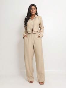 Women's Tailored Set With Cropped Jacket And Elegant Wide-Leg Trousers - Beige - View 6