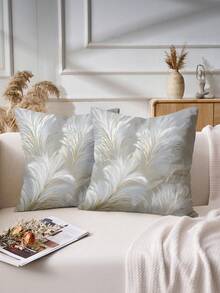 1pc Simple White Feather Pattern Printed Pillow Cover, Suitable For Office, Home, Bedroom, Living Room, Cushion Cover, Room Decor - Bedroom Decor - Holiday Decor - Party Decor - Multiple Sizes (Pillow Insert Not Included) - No Embroidery - 1PC - View 2