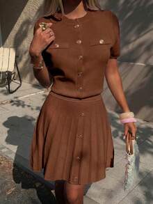 Women's Minimalist Elegant Knit Two Pieces Set, Casual Chic Style, Spring/Summer - Dark Brown - View 10