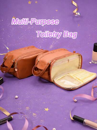 旅行洗漱包，PU皮革化妆包，拉链袋，大开口化妆品收纳包，带化妆刷架，防水旅行，大容量化妆品收纳包，多隔层收纳盒，个性化旅行必备品，男女皆宜的生日礼物