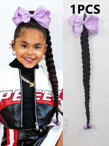 1pc Kids Synthetic Wig With Bow Braid Ponytail, Fluffy Fried Dough Braid Ponytail Wig - Natural Black - View 13
