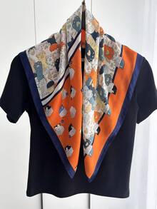 1条女士纯色手帕围巾，彩色涂鸦印花，70x70厘米方形头巾/领巾，优雅头饰围巾，配饰，沙滩巾 - 珊瑚橙 - 查看 3